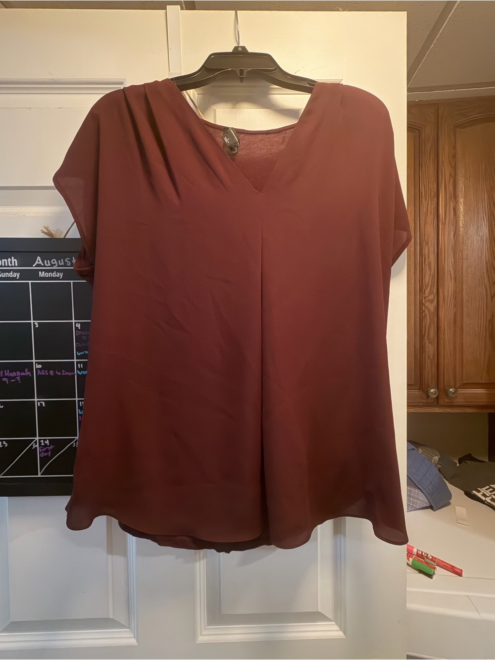 INC International Concepts Burgundy V-Neck Short Sleeve Blouse